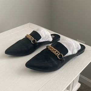 Steve Madden black mules with gold hardware
